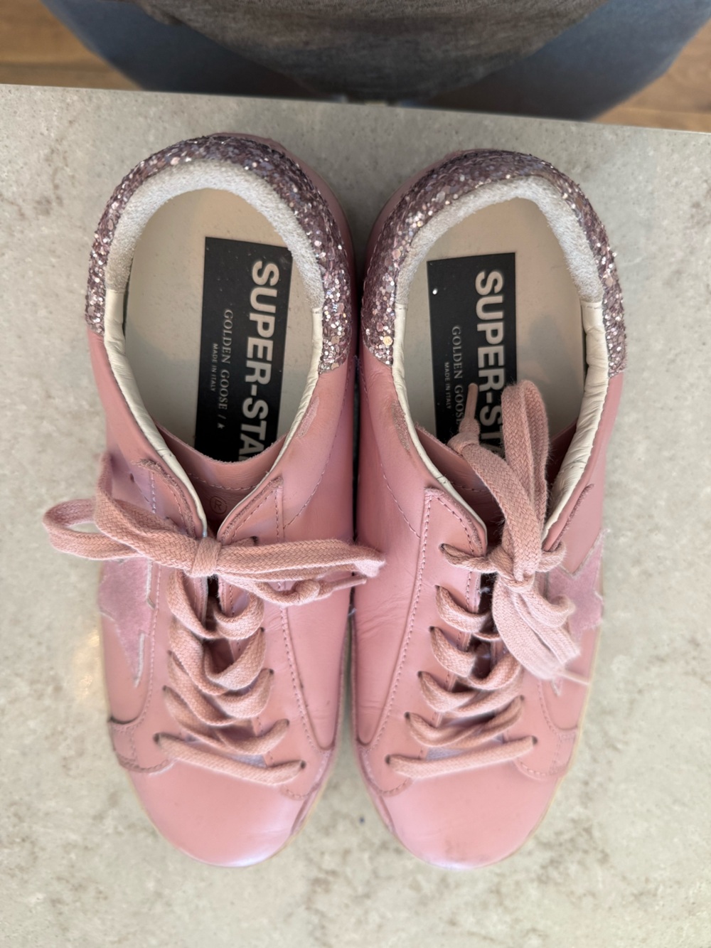 Golden Goose Pink Leather Glitter-Trim Super-Star Sneakers